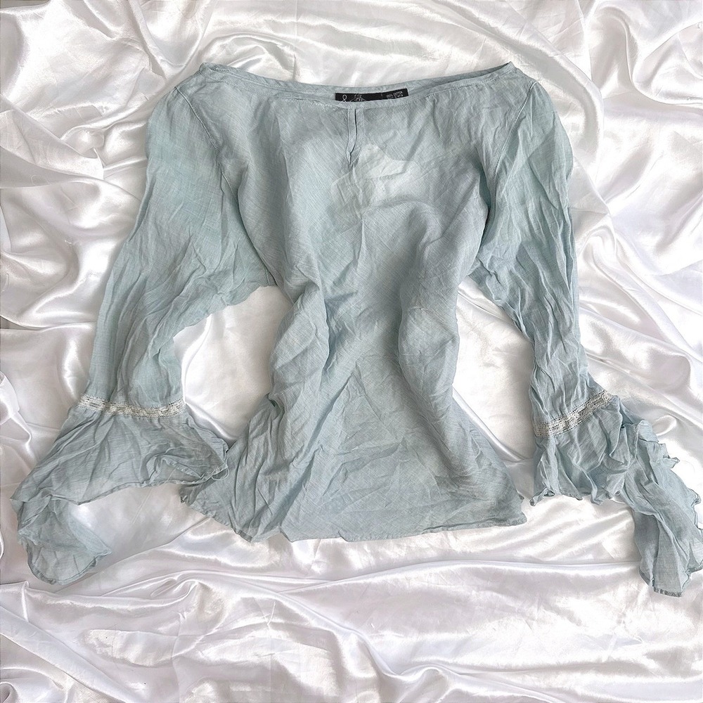 Angie Light Blue Cotton Bell Sleeve Lace Trim Boho Blouse NWT Large